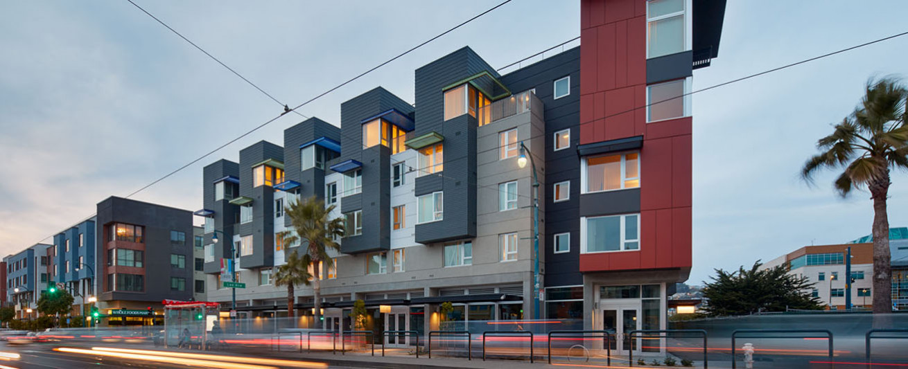 Retail tenants on the ground floor of 1100 Ocean Avenue include a Philz Coffee, drawing people to the building and helping to activate the streetscape.