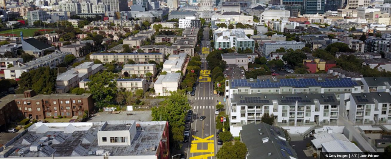 Photo of San Francisco with BLACK LIVES MATTERS painted on the street.