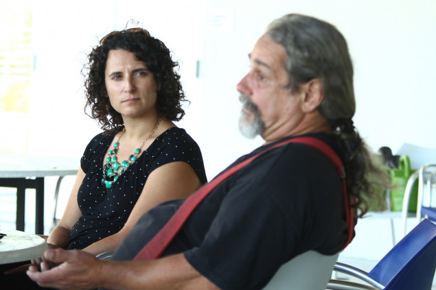 Dana Trujillo, Housing Development Director at Skid Row Housing Trust, with resident Bill Fisher.