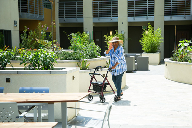 A resident enjoying the courtyard.