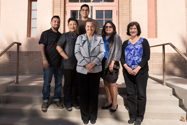 (l-r) Brian Cano, Chef Maria Parra Cano, Raymond Montour, Rosalie Talahongva, Margot Cordova, with Dede Yazzie Devine (center) at the Phoenix Indian School Visitor Center.